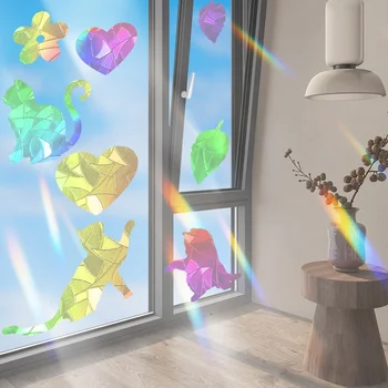 Электростатическая наклейка на стекло Rainbow Prism, Электростатические наклейки на окна из ПВХ, съемные наклейки на окна, цветок в виде сердца, Кошка, Птица, Наклейка с рисунком листьев