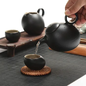 Японские Креативные Чайники из черной Керамики, Винтажный Керамический чайник ручной работы, Бытовой Портативный Чайник Кунг-фу, Чайный Набор, Посуда для питья